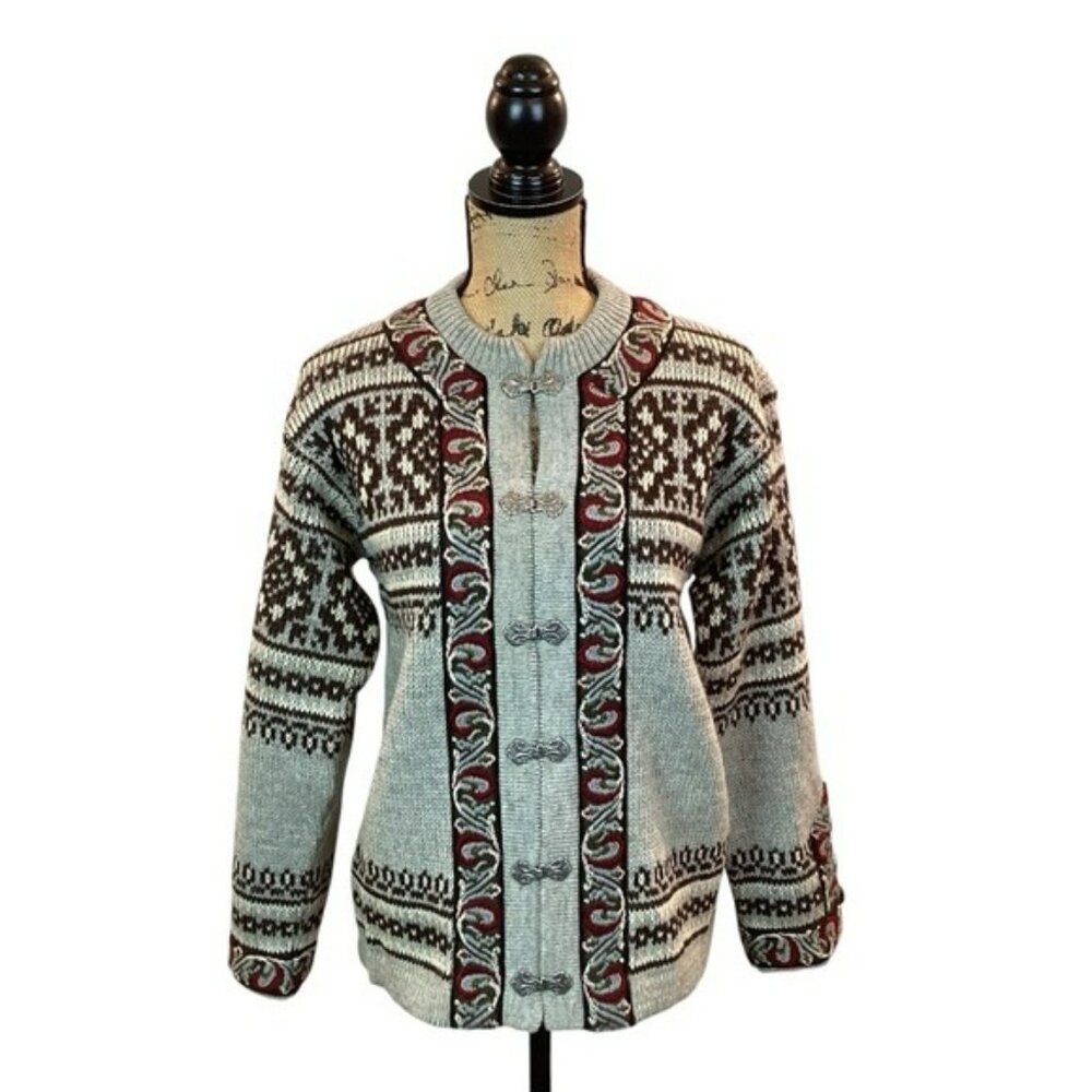 Vintage Wool Knit Cardigan Sweater Nordic Style With Pewter Clasps Gray & Red Wo